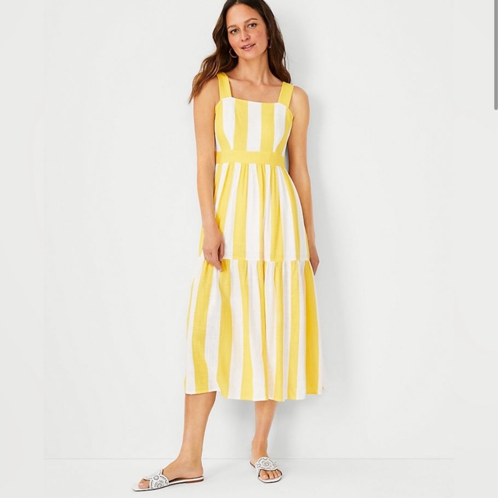 Ann Taylor Linen Dress Sz 6 Striped Yellow White Square Neck Midi Nautical - Picture 3 of 9